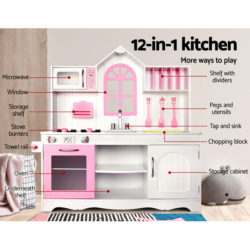 Keezi Kids Kitchen Play Set Wooden Pretend Toys Cooking Children Storage Cabinet 3