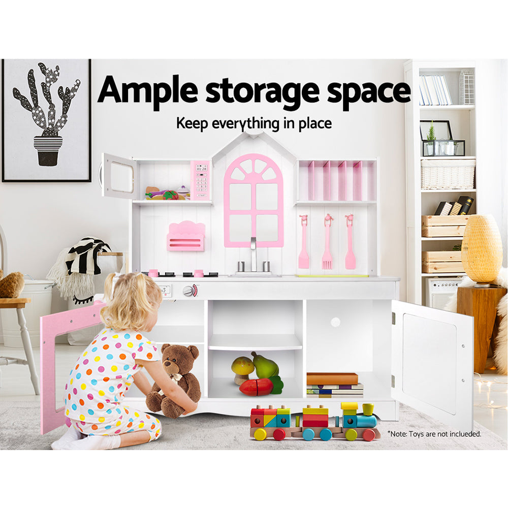 Keezi Kids Kitchen Play Set Wooden Pretend Toys Cooking Children Storage Cabinet 7