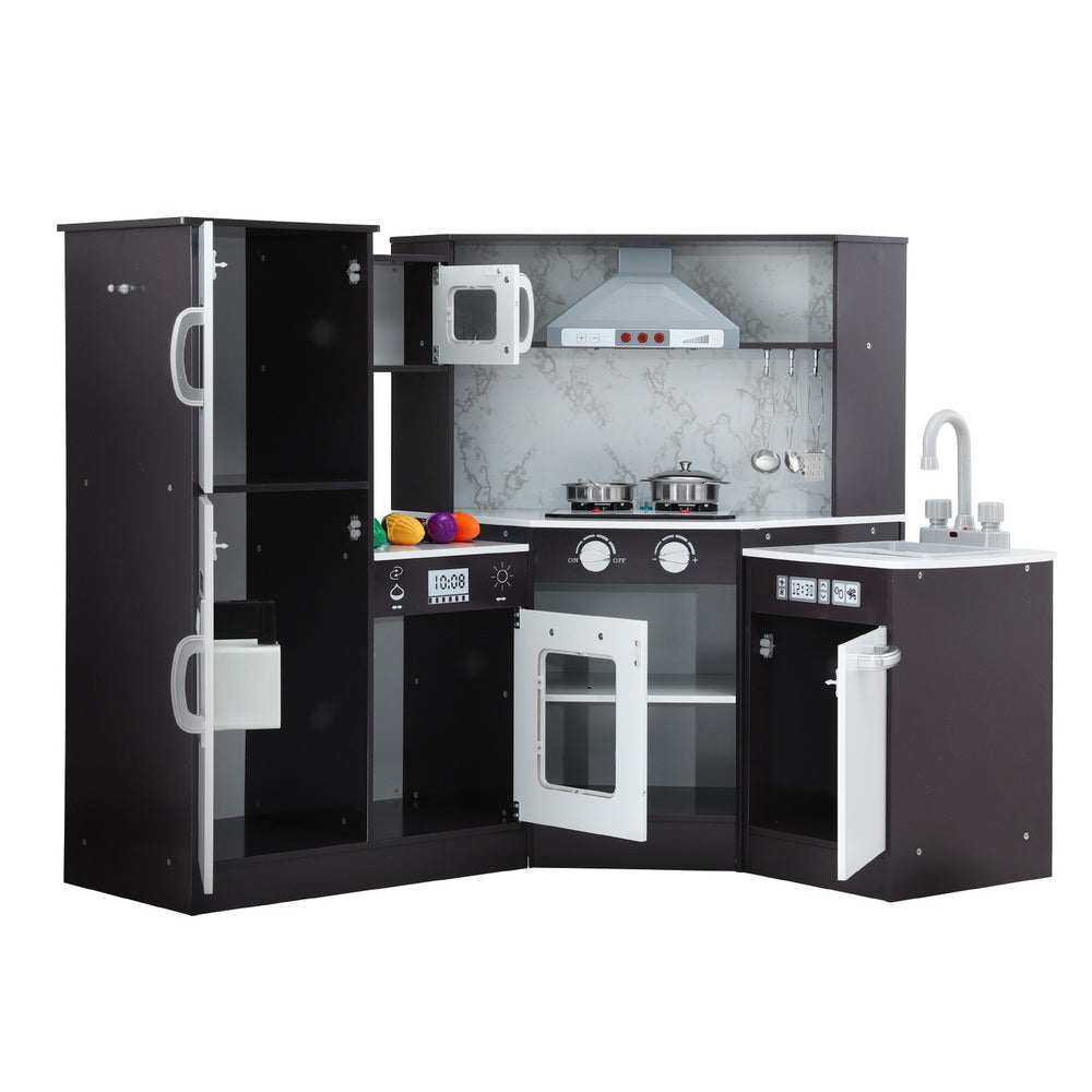Keezi Kids Kitchen Play Set Wooden Pretend Cooking Playset w/Sounds Lights Black 3