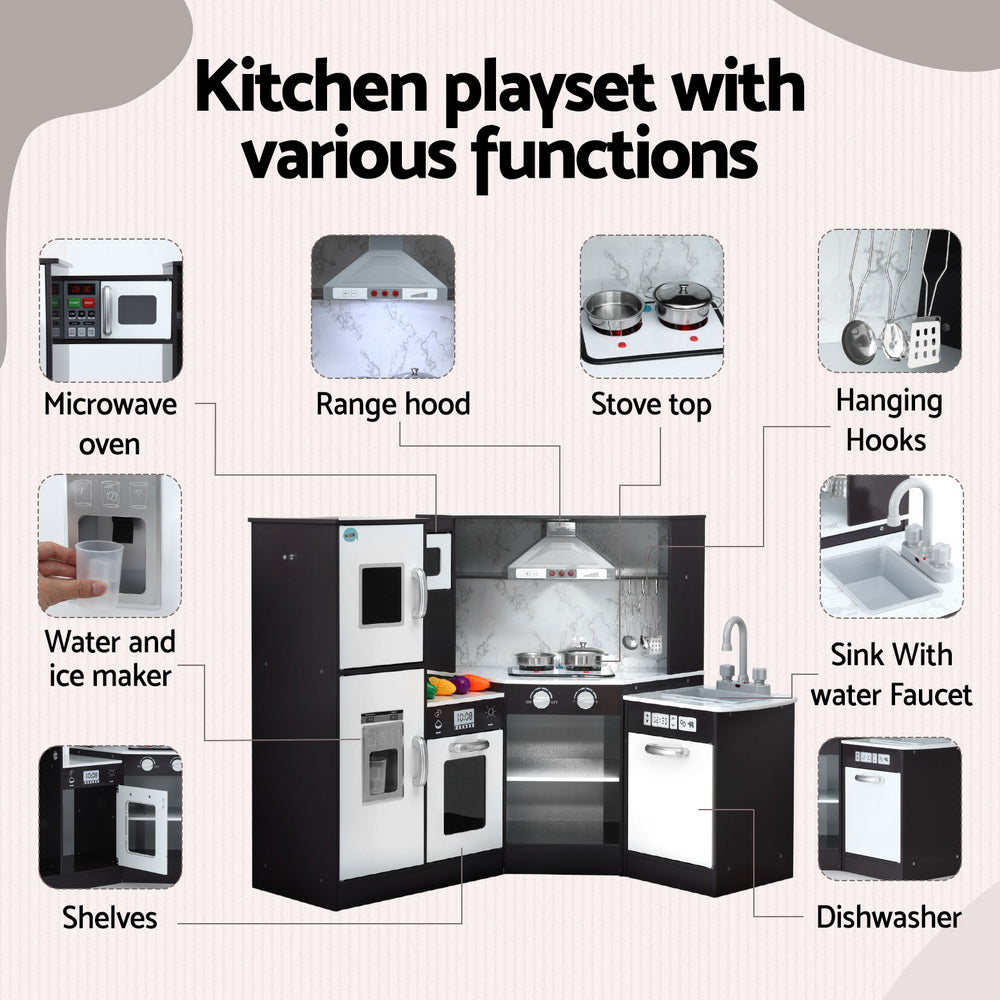 Keezi Kids Kitchen Play Set Wooden Pretend Cooking Playset w/Sounds Lights Black 4