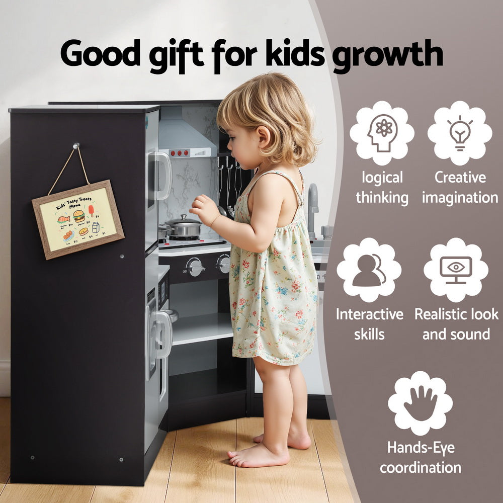 Keezi Kids Kitchen Play Set Wooden Pretend Cooking Playset w/Sounds Lights Black 6