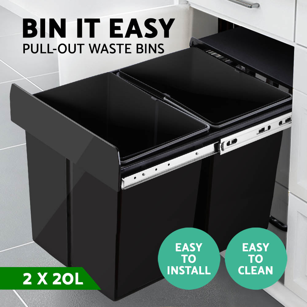 Cefito Pull Out Bin Kitchen Double Basket 2X20L Black 4