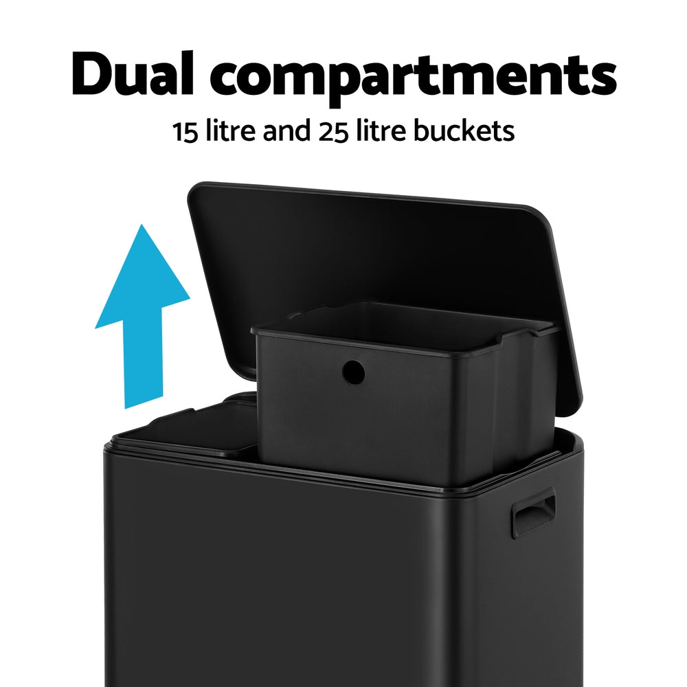 Cefito Pedal Bins Rubbish Bin Dual Compartment Waste Recycle Dustbins 40L Black 4