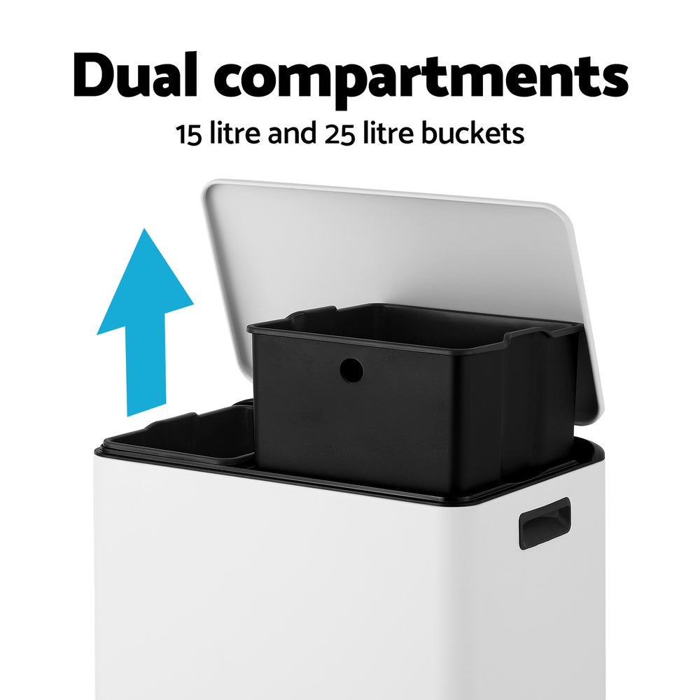 Cefito Pedal Bins Rubbish Bin Dual Compartment Waste Recycle Dustbins 40L White 4