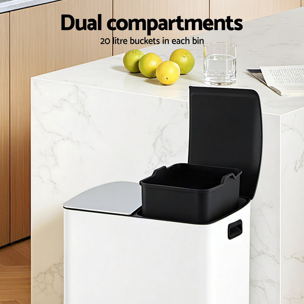 Cefito Pedal Bins Rubbish Bin Dual Compartment Waste Recycle Dustbins 40L White 4