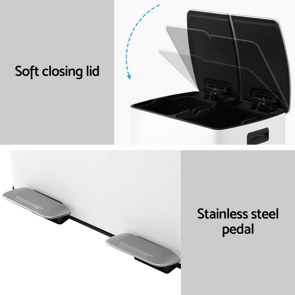 Cefito Pedal Bins Rubbish Bin Dual Compartment Waste Recycle Dustbins 40L White 6