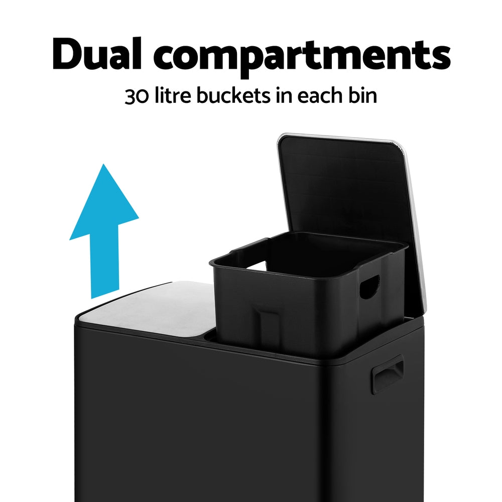 Cefito Pedal Bins Rubbish Bin Dual Compartment Waste Recycle Dustbins 60L Black 4