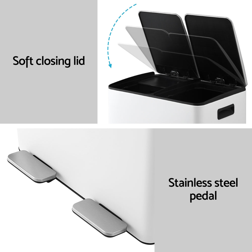 Cefito Pedal Bins Rubbish Bin Dual Compartment Waste Recycle Dustbins 60L White 6