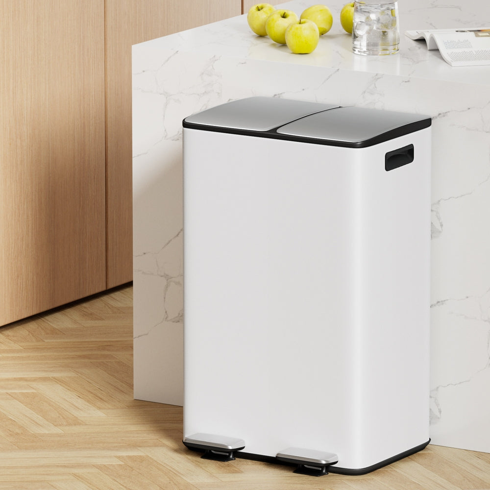 Cefito Pedal Bins Rubbish Bin Dual Compartment Waste Recycle Dustbins 60L White 7