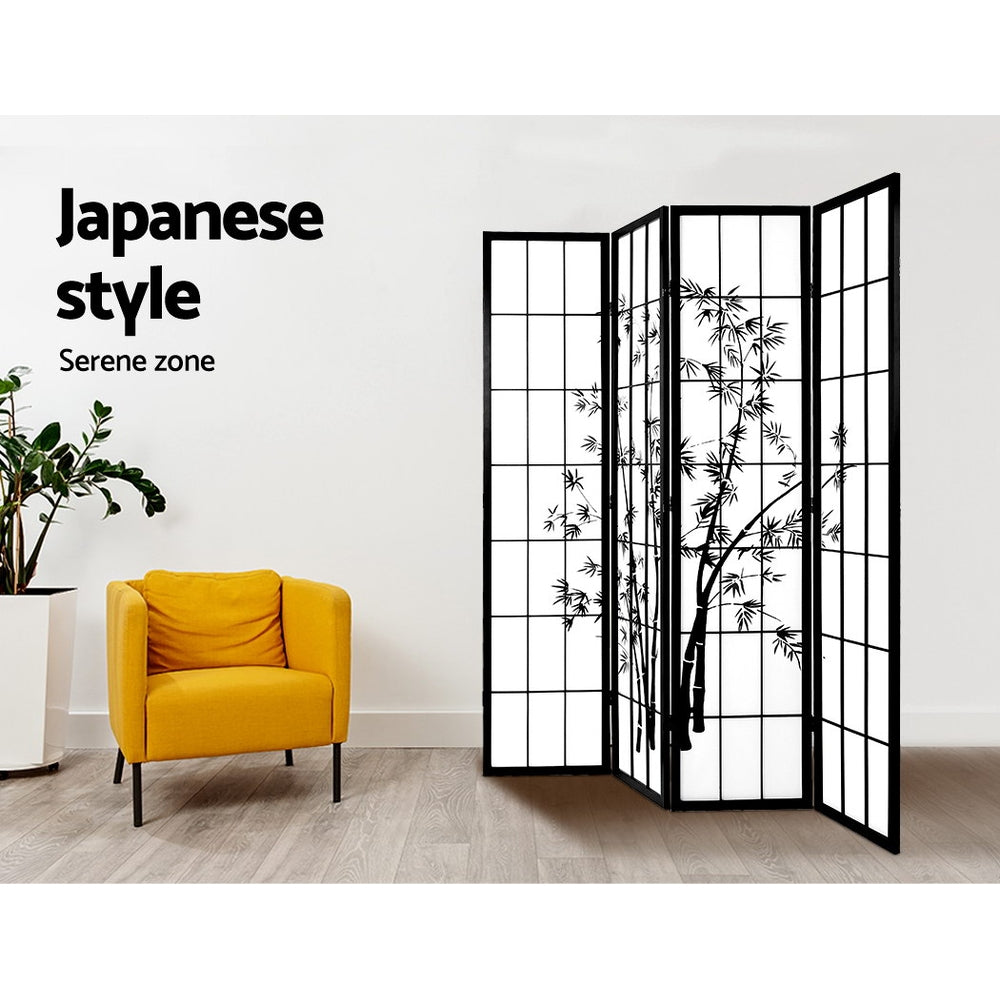 Artiss 4 Panel Room Divider Screen 174x179cm Bamboo Black White 5