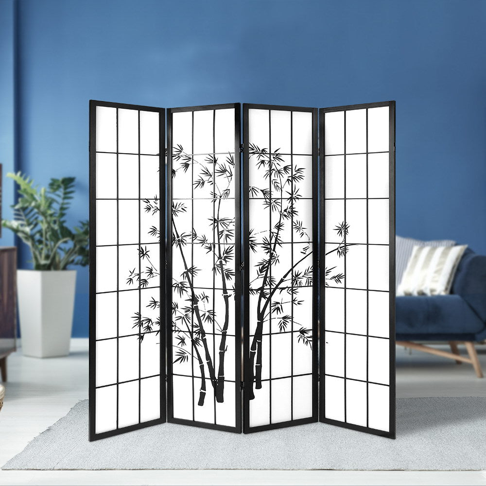 Artiss 4 Panel Room Divider Screen 174x179cm Bamboo Black White 7