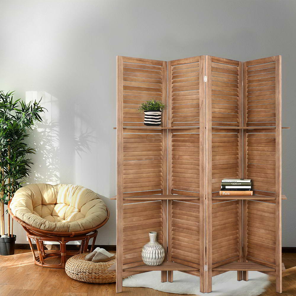 Artiss 4 Panel Room Divider Screen 163x170cm Shelf Oak 7