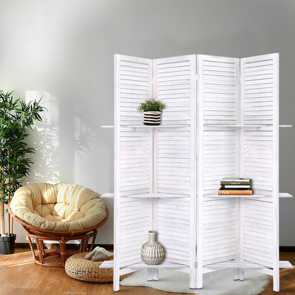 Artiss 4 Panel Room Divider Screen 163x170cm Shelf White 7
