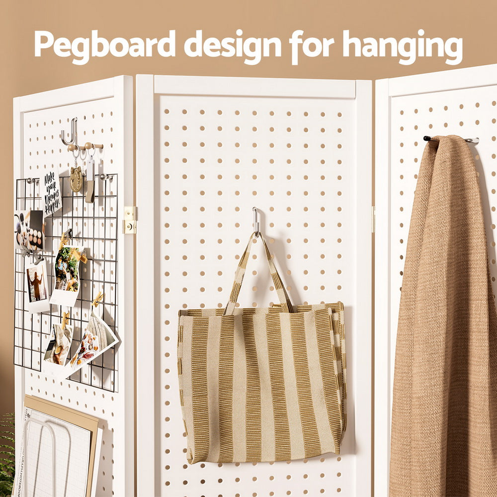 Artiss 4 Panel Room Divider Screen 164x170cm Pegboard White 5