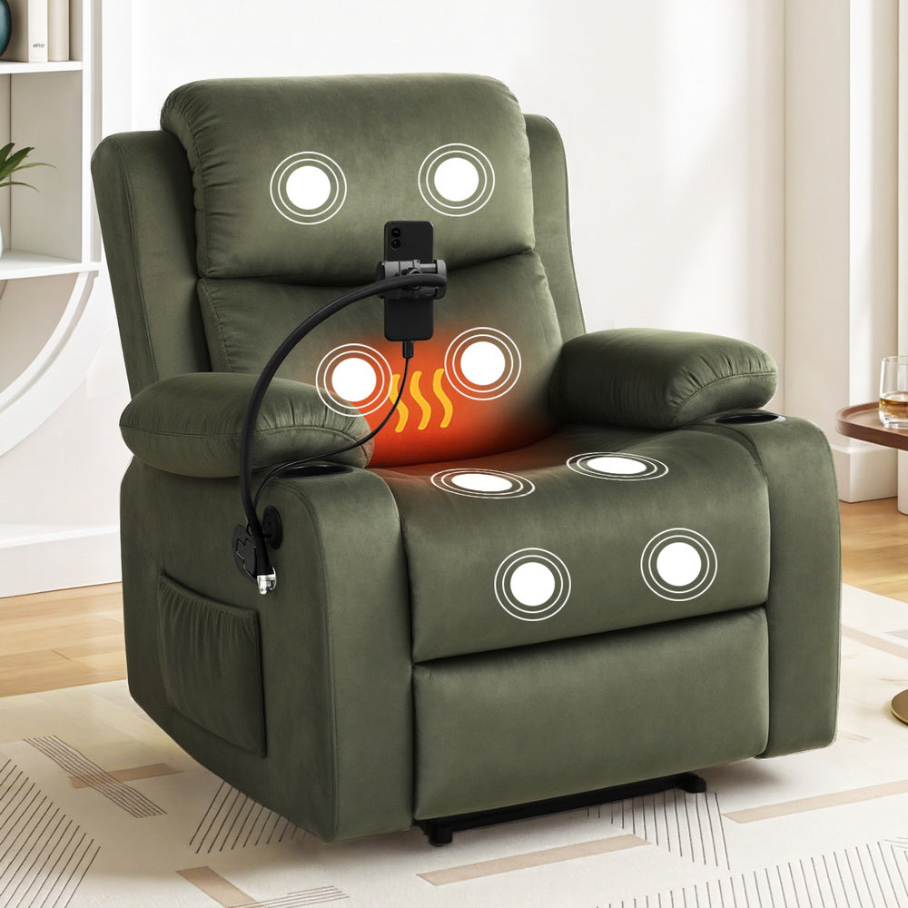 Artiss Recliner Chair Heated Massage Chair with Phone Holder Velvet 7
