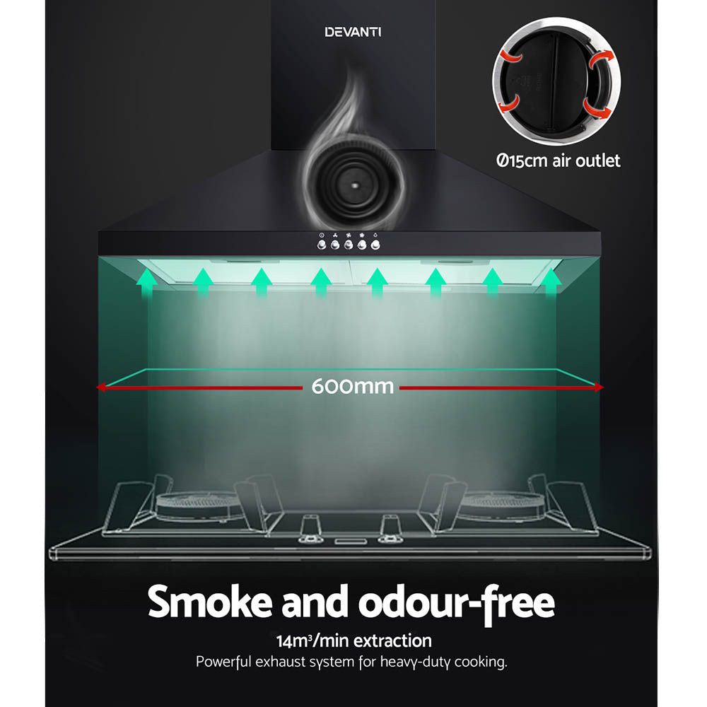 Devanti 600mm Range Hood 60cm Rangehood Black 3