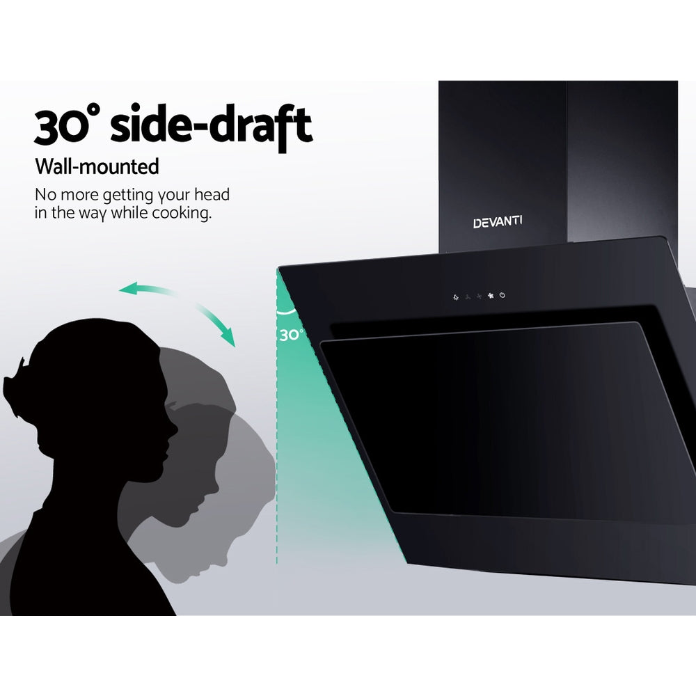Devanti 900mm Range Hood 90cm Rangehood Glass Black 6