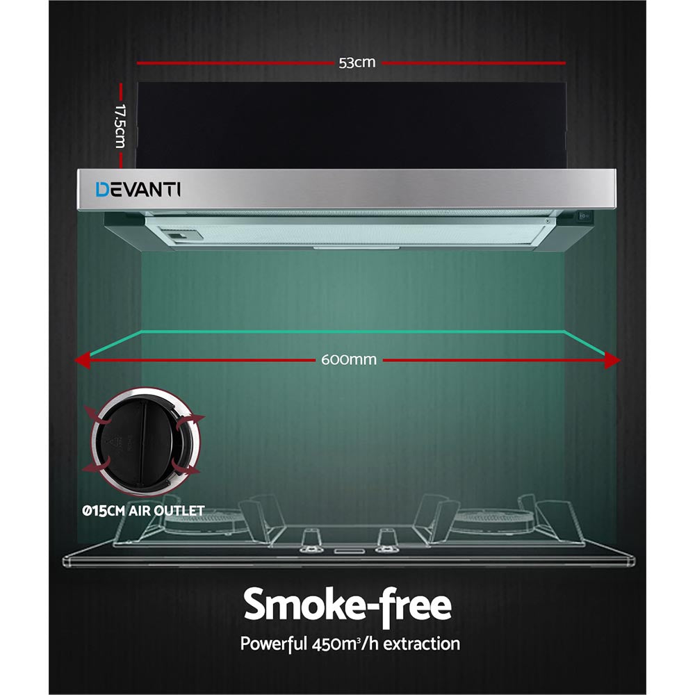 Devanti 600mm Range Hood 60cm Slide out Rangehood Stainless Steel 3