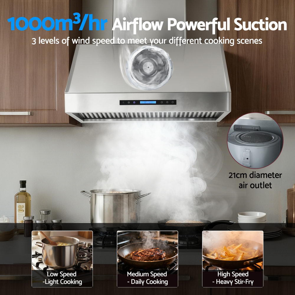 Devanti 900mm Range Hood 3-Speed Fan LED Display Remote Control 5