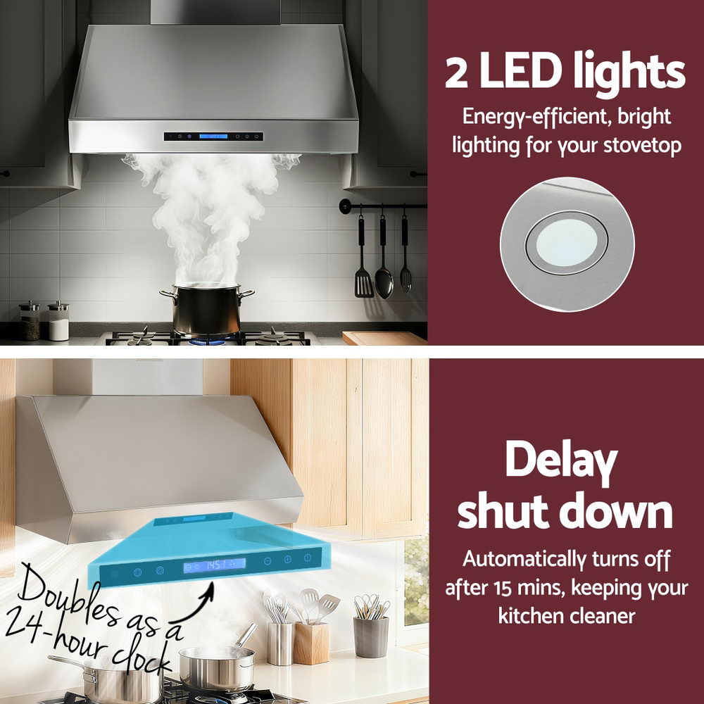 Devanti 900mm Range Hood 3-Speed Fan LED Display Remote Control 7