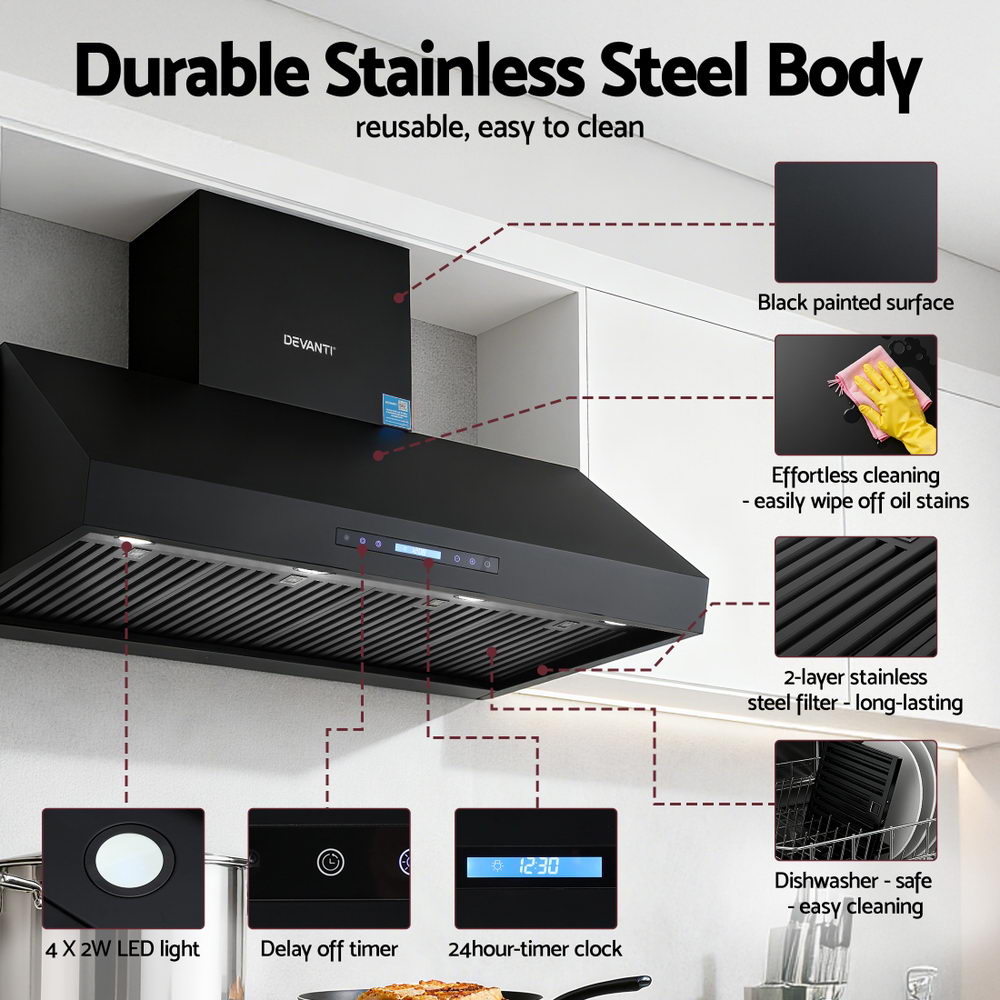 Devanti 1200mm Commercial BBQ Range Hood Dual Motor W/ Remote Control Black 8