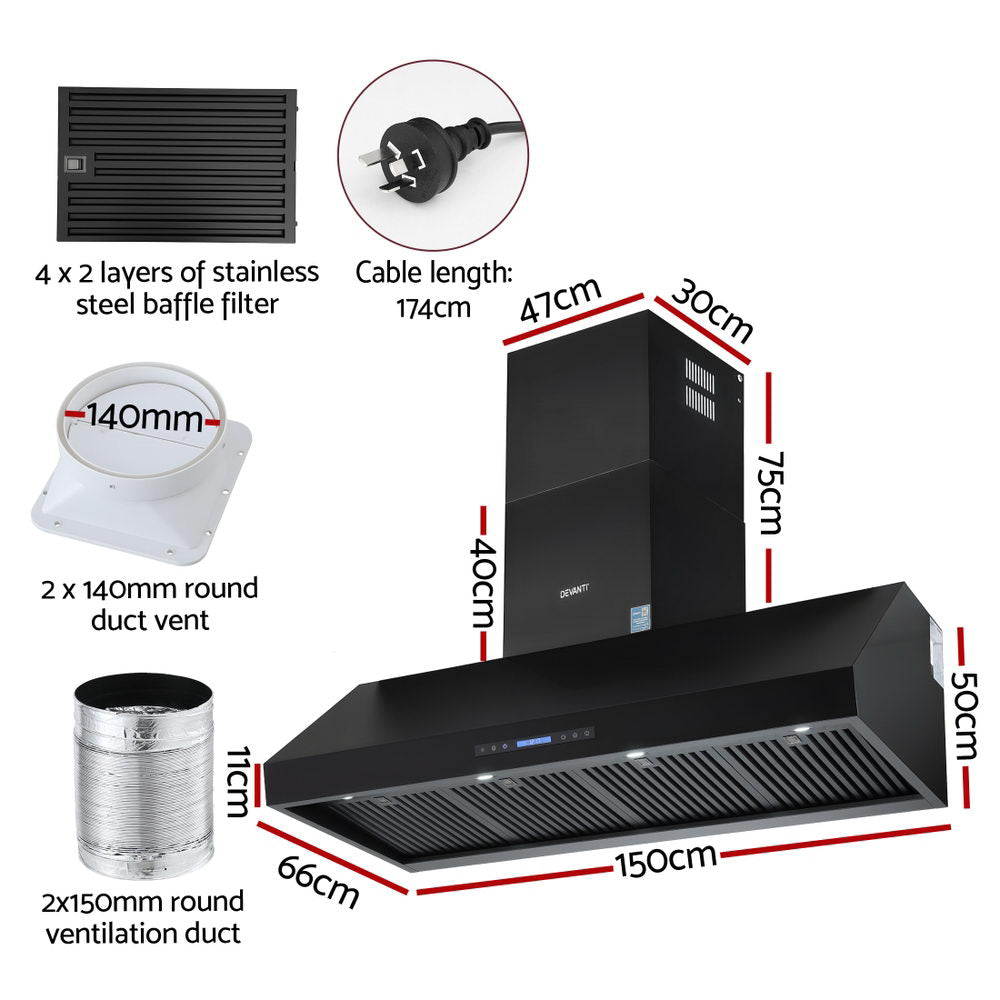 Devanti 1500mm Commercial BBQ Range Hood Dual Motor W/ Remote Control Black 3