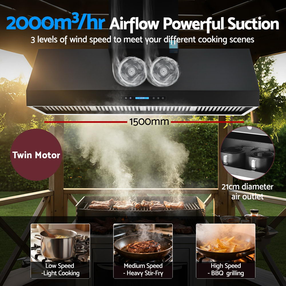 Devanti 1500mm Commercial BBQ Range Hood Dual Motor W/ Remote Control Black 5