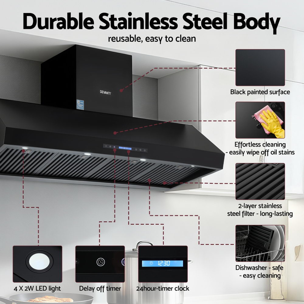 Devanti 1500mm Commercial BBQ Range Hood Dual Motor W/ Remote Control Black 8