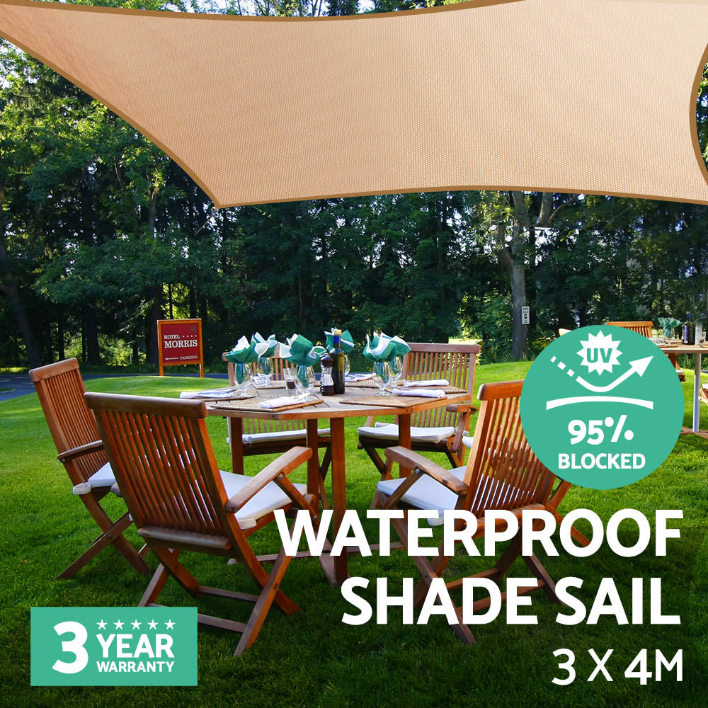 Instahut Waterproof Shade Sail 3x4m Rectangle Sand 95% Shade Cloth 7