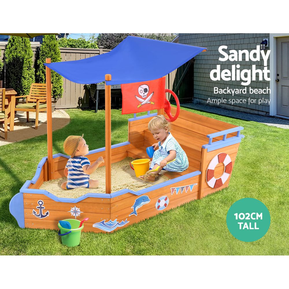 Keezi Kids Sandpit Wooden Boat Sand Pit with Canopy Bench Seat Beach Toys 165cm 3