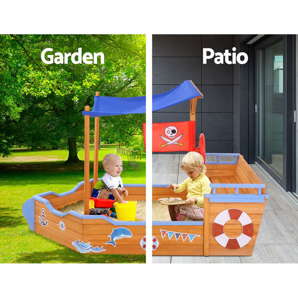 Keezi Kids Sandpit Wooden Boat Sand Pit with Canopy Bench Seat Beach Toys 165cm 4