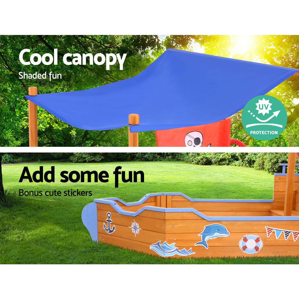 Keezi Kids Sandpit Wooden Boat Sand Pit with Canopy Bench Seat Beach Toys 165cm 5