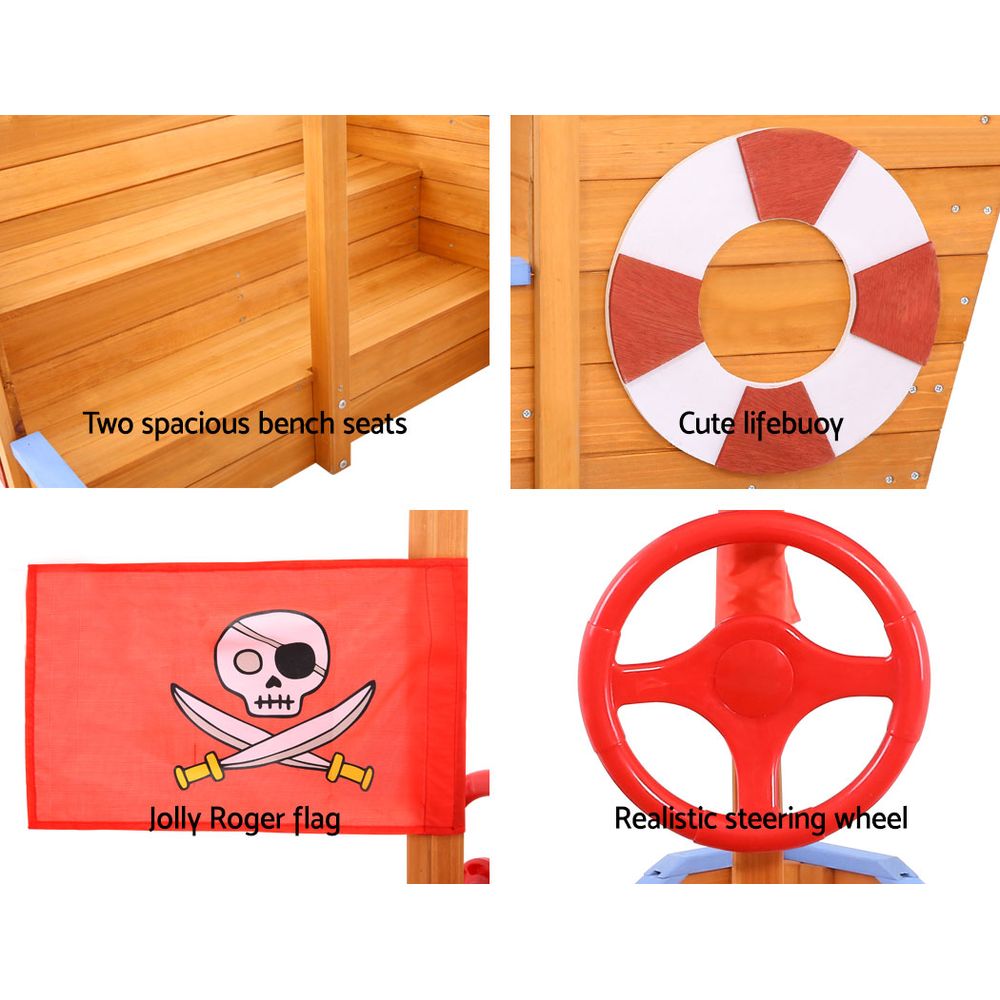 Keezi Kids Sandpit Wooden Boat Sand Pit with Canopy Bench Seat Beach Toys 165cm 6