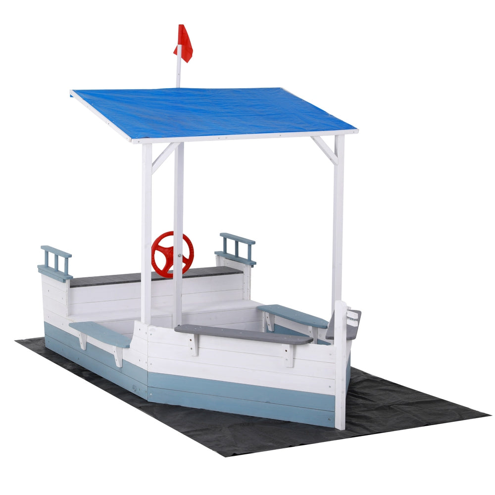 Keezi Kids Sandpit Wooden Box Boat Canopy Flag Outdoor Toys Children Blue 3