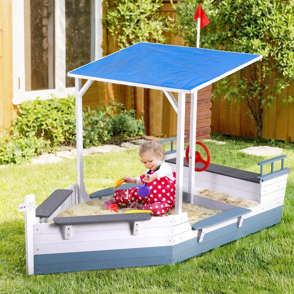 Keezi Kids Sandpit Wooden Box Boat Canopy Flag Outdoor Toys Children Blue 5