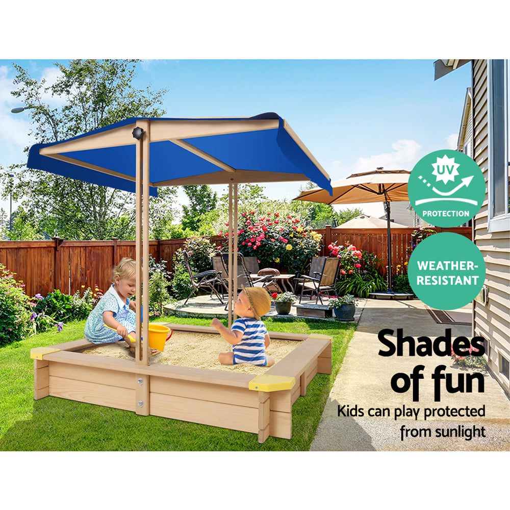 Keezi Kids Sandpit Wooden Sandbox Sand Pit with Canopy Bench Seat Toys 101cm 4