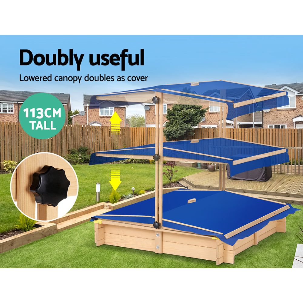 Keezi Kids Sandpit Wooden Sandbox Sand Pit with Canopy Bench Seat Toys 101cm 5
