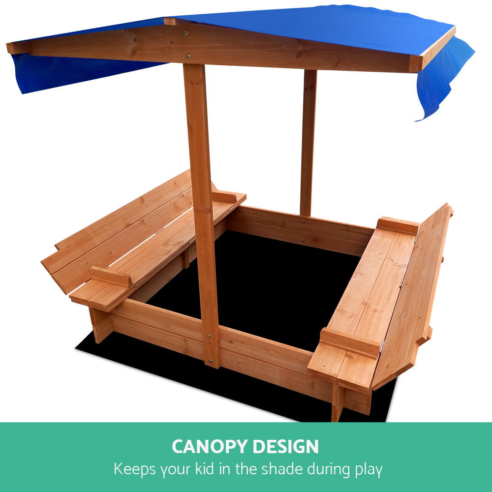 Keezi Kids Sandpit Wooden Sandbox Sand Pit with Canopy Foldable Seat Toys 120cm 3
