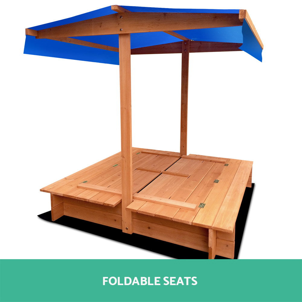Keezi Kids Sandpit Wooden Sandbox Sand Pit with Canopy Foldable Seat Toys 120cm 4