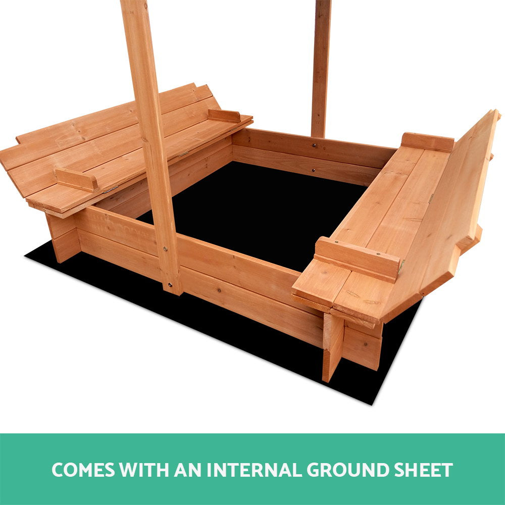 Keezi Kids Sandpit Wooden Sandbox Sand Pit with Canopy Foldable Seat Toys 120cm 6