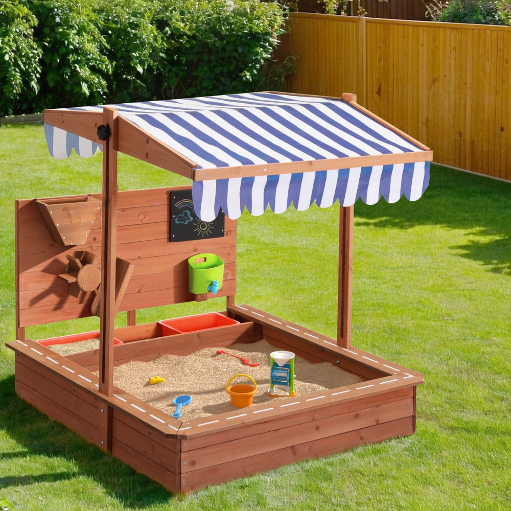 Keezi Kids Sandpit Wooden Canopy Sandbox With Cover Funnel Outdoor Toys 110cm 5
