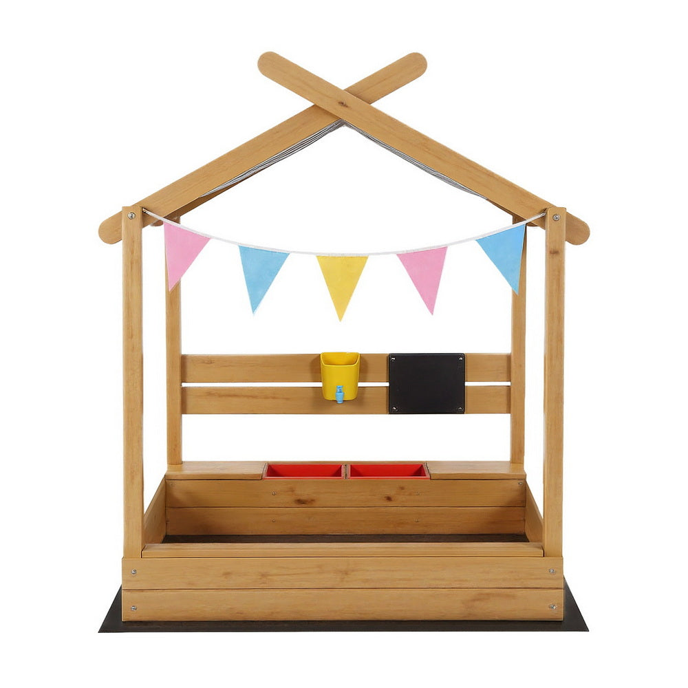 Keezi Kids Sandpit Wooden Sandbox Sand Pit with Canopy Water Basin Toys 146cm 3
