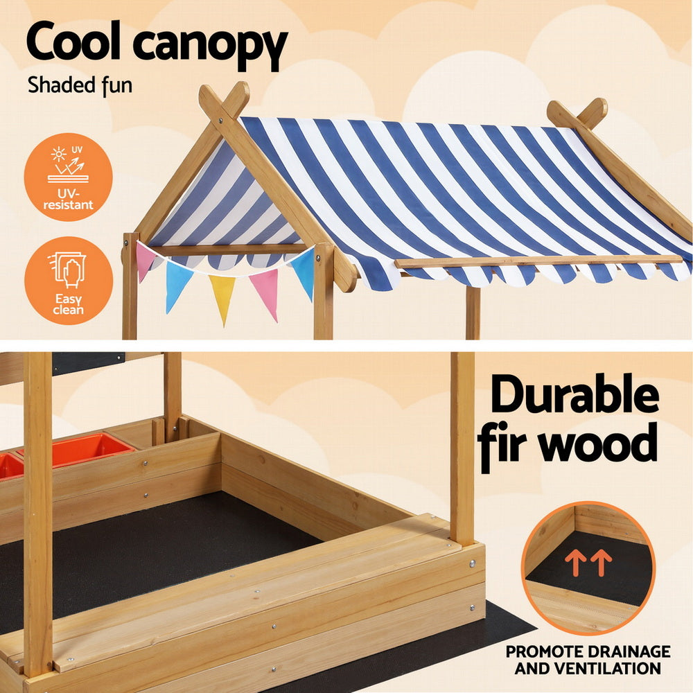 Keezi Kids Sandpit Wooden Sandbox Sand Pit with Canopy Water Basin Toys 146cm 4
