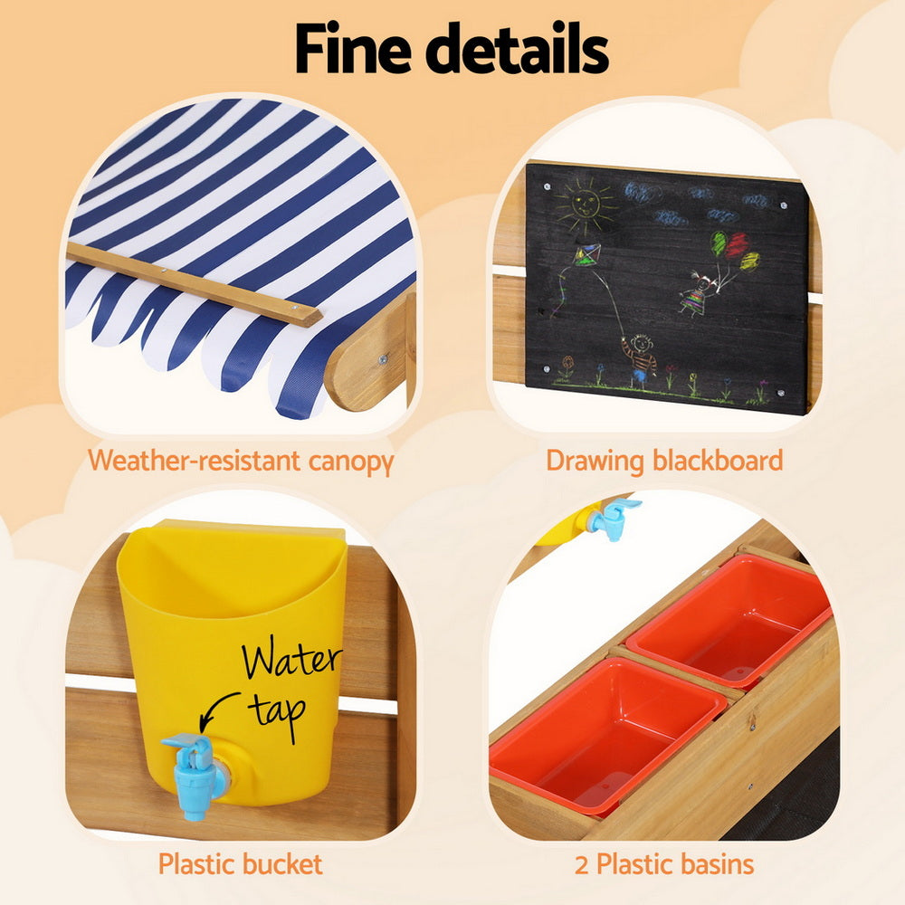 Keezi Kids Sandpit Wooden Sandbox Sand Pit with Canopy Water Basin Toys 146cm 5