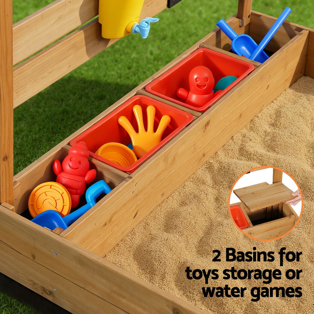 Keezi Kids Sandpit Wooden Sandbox Sand Pit with Canopy Water Basin Toys 146cm 6