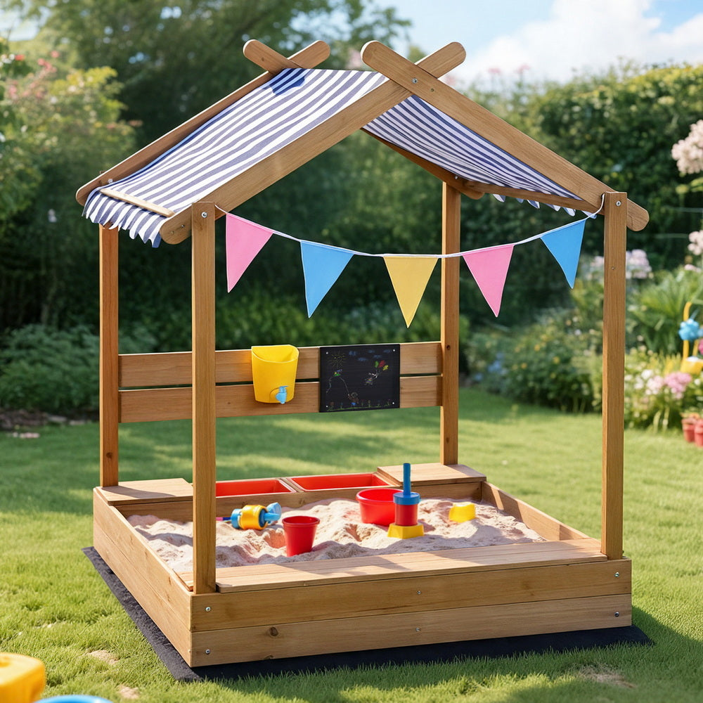 Keezi Kids Sandpit Wooden Sandbox Sand Pit with Canopy Water Basin Toys 146cm 7