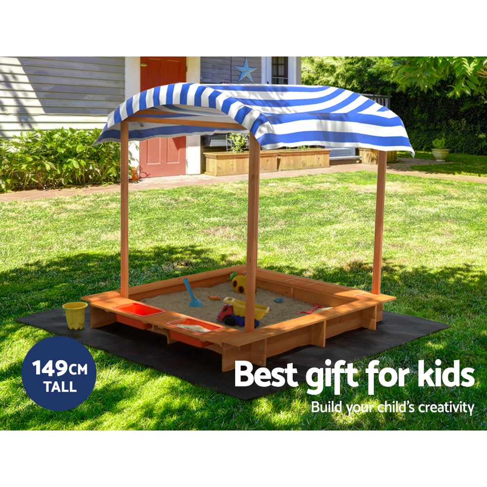Keezi Kids Sandpit Wooden Sandbox Sand Pit with Canopy Water Basin Toys 146cm 4