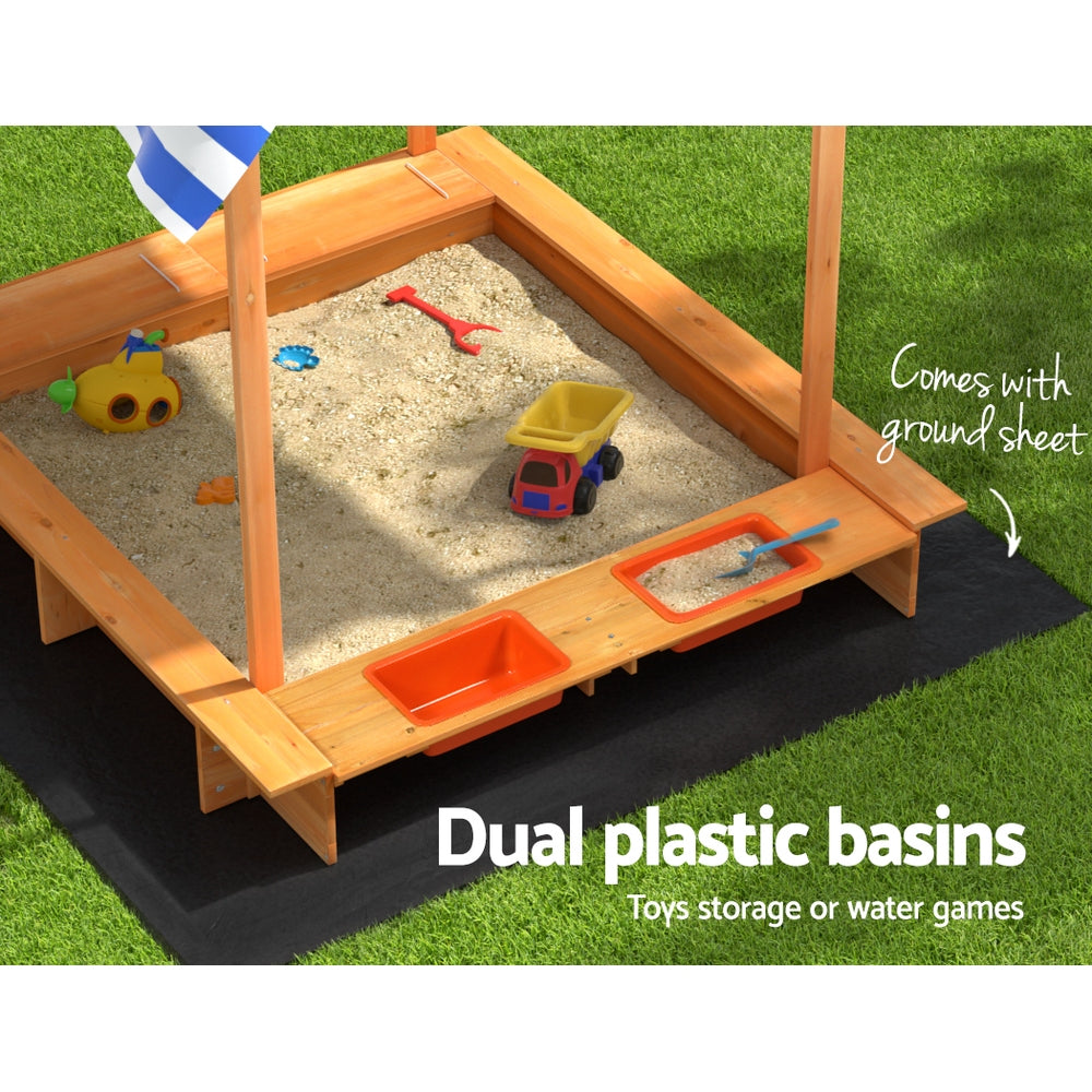 Keezi Kids Sandpit Wooden Sandbox Sand Pit with Canopy Water Basin Toys 146cm 6