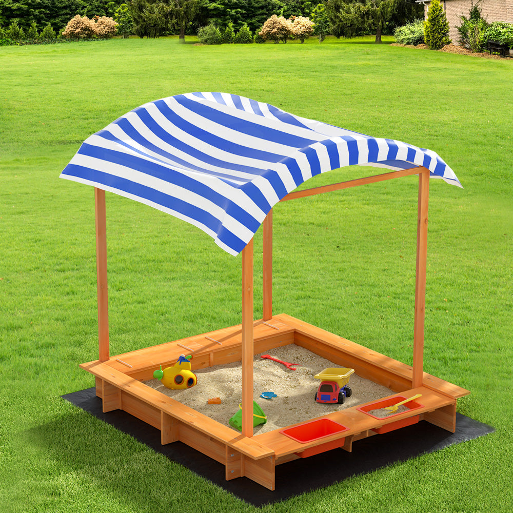 Keezi Kids Sandpit Wooden Sandbox Sand Pit with Canopy Water Basin Toys 146cm 7