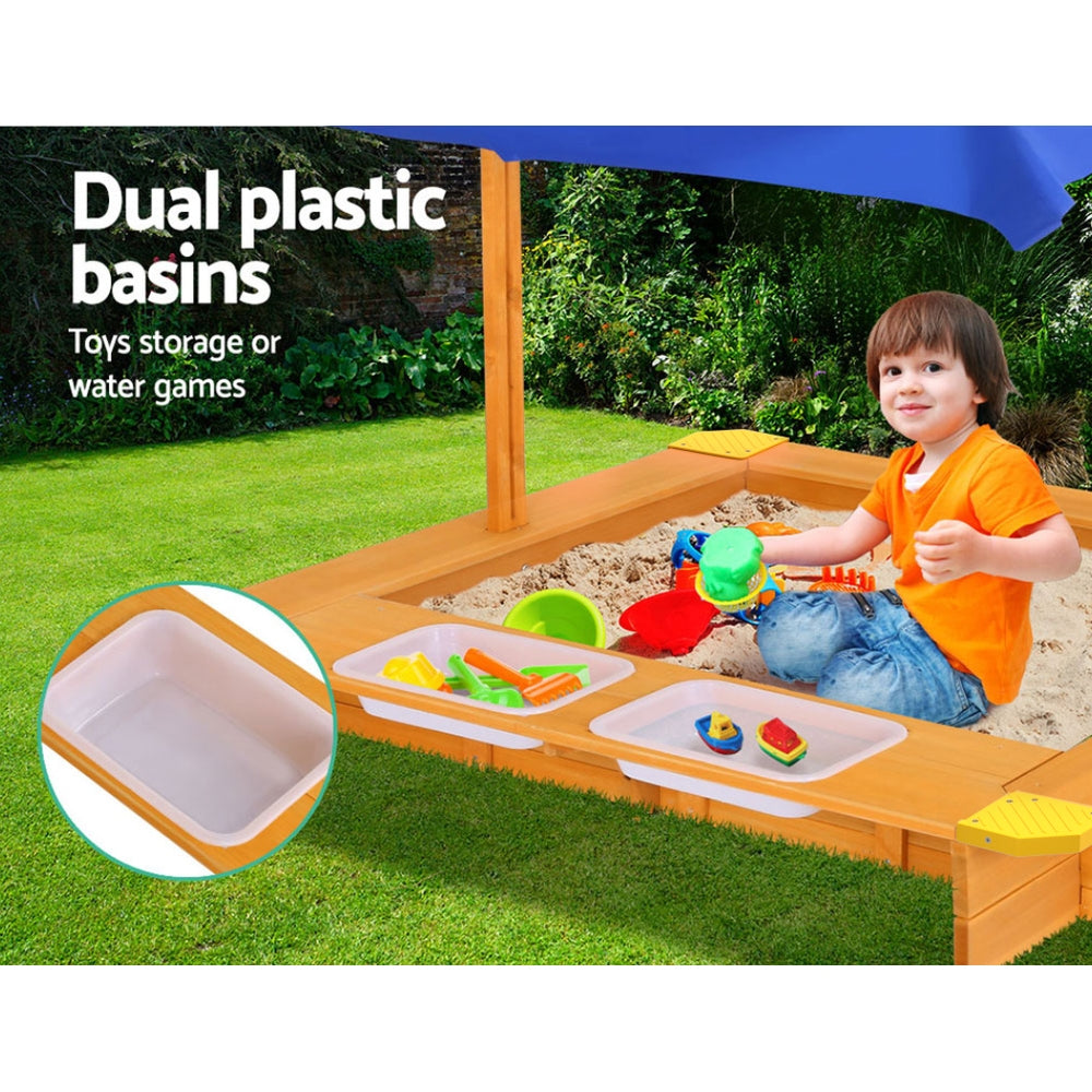 Keezi Kids Sandpit Wooden Sandbox Sand Pit with Canopy Water Basin Toys 103cm 6